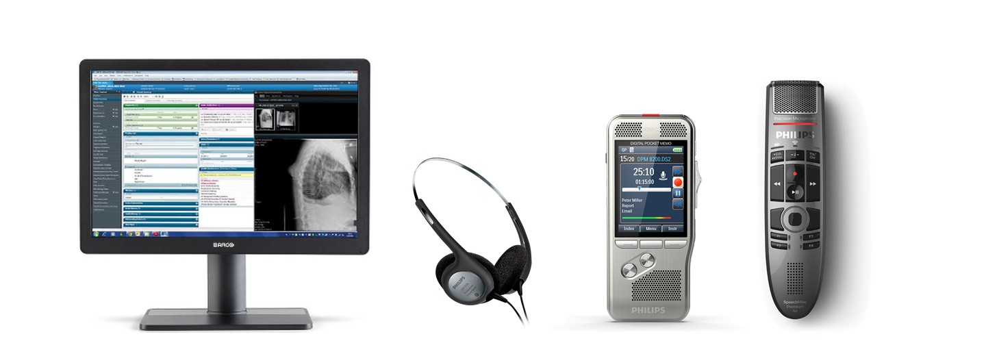 Barco diagnosztikai monitor, Philips átírási fejhallgató, PocketMemo diktafon és SpeechMike diktáló mikrofon